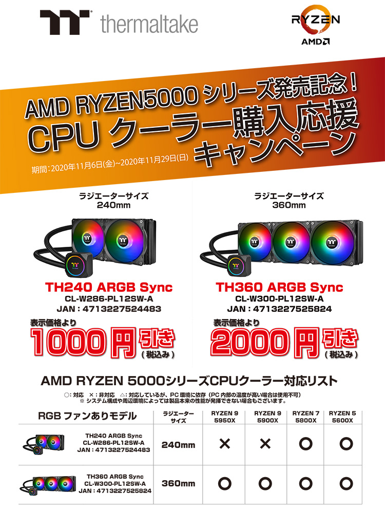 AMD Ryzen 5000シリーズプロセッサ発売記念!Thermaltake CPUクーラー購入応援キャンペーン開催のお知らせ
