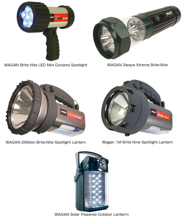 Wagan Brite Nite LED Mini Dynamo Spotlight、1M Brite Nine Spotlight Lantern、2Million Brite-nite Spotlight Lantern、 Soloa Powered Outdoor Lantern、3way Xtreme Brite-Nite 製品画像