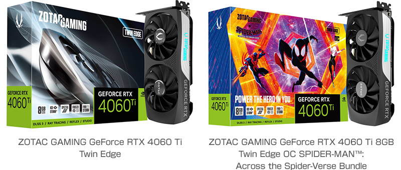ZOTAC GAMING GeForce RTX 4060 Ti Twin Edge、ZOTAC GAMING GeForce RTX 4060 Ti 8GB Twin Edge OC SPIDER-MAN™: Across the Spider-Verse Bundle 製品画像