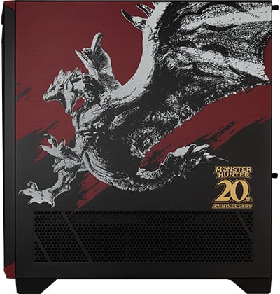 「リオレウス」をイメージした赤と黒のカラーリングを採用したゲーミングPCケース