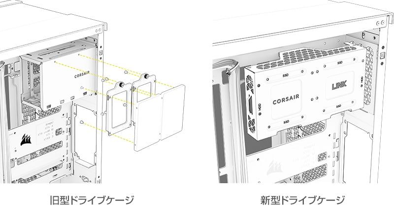 CORSAIR 旧型ドライブケージ、新型ドライブケージ 製品画像
